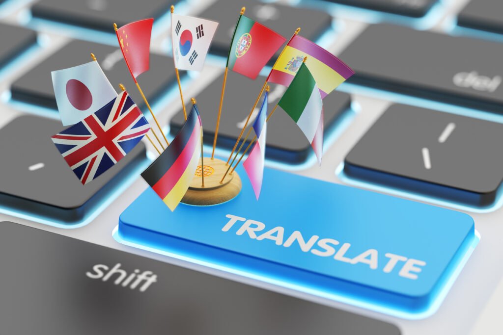 a keyboard showing the word Translation and different flags